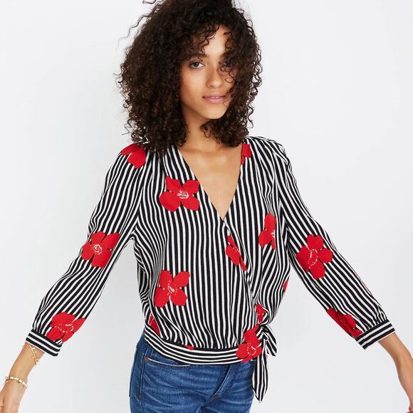 Madewell Wrap Top in Candied Orchids Black/White Striped Floral sz XL - Picture 10 of 10